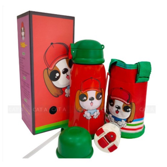 Bình giữ nhiệt trẻ em lõi INOX 304 hình thú ngộ nghĩnh - Có kèm túi vải, ống hút, 3 nắp đa năng, giao ngẫu nhiê