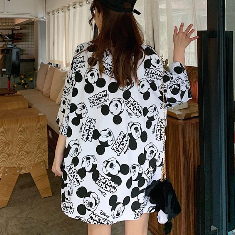 Áo thun dáng dài rộng tay ngắn in họa tiết hoạt hình phong cách Hàn Quốc cho nữ