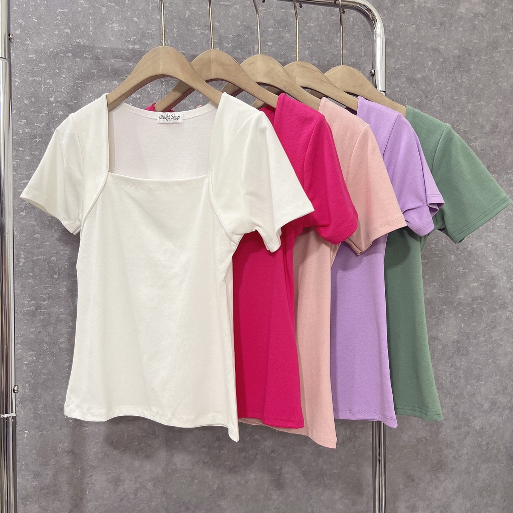 Áo thun kiểu cổ vuông ngắn tay dáng ôm, Áo kiểu tay cộc cổ U vải cotton co giãn CS1269 - NhiNhi Shop