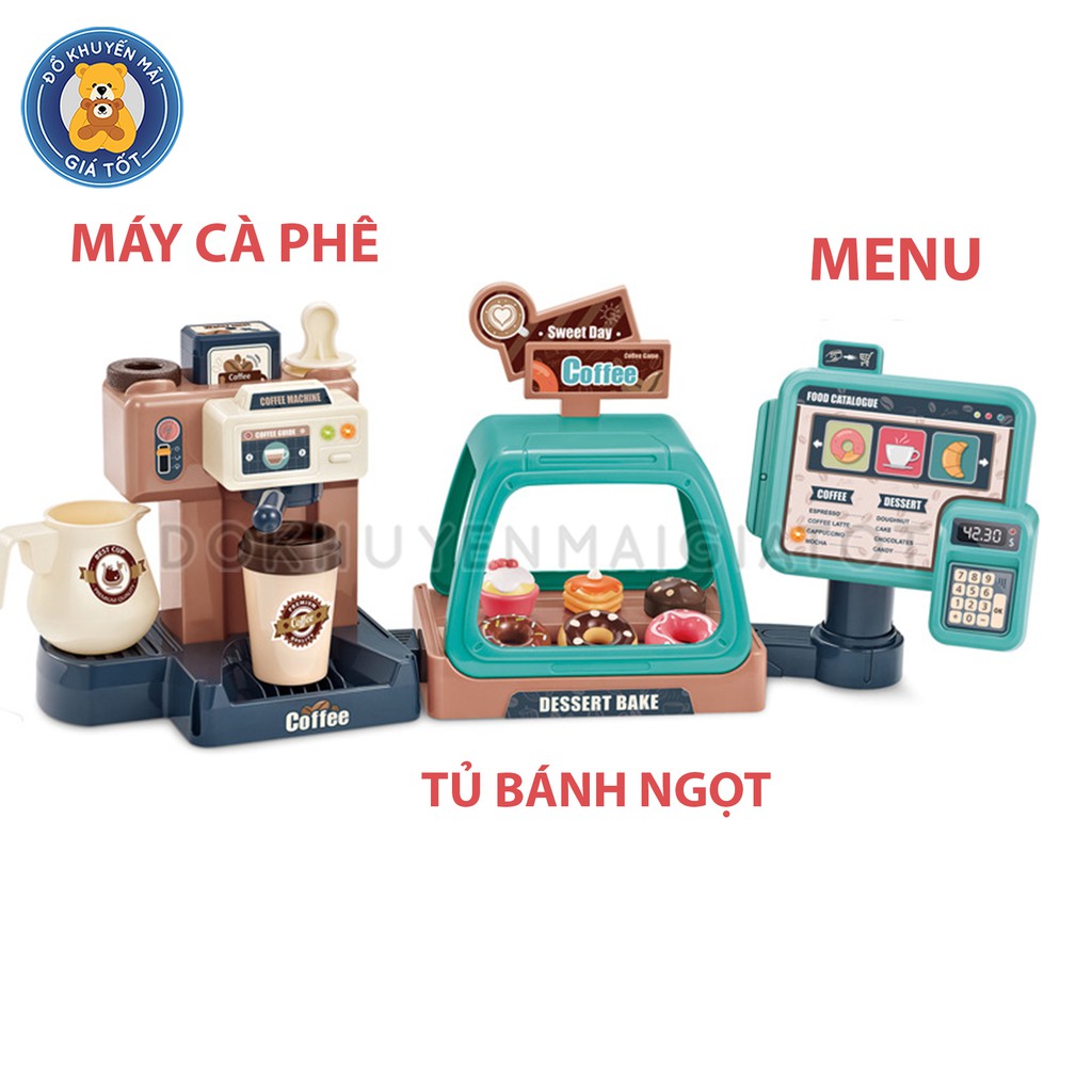 Bộ đồ chơi nấu ăn nhà bếp mẫu máy pha cafe kèm quầy bánh ngọt và menu cho bé 668-94