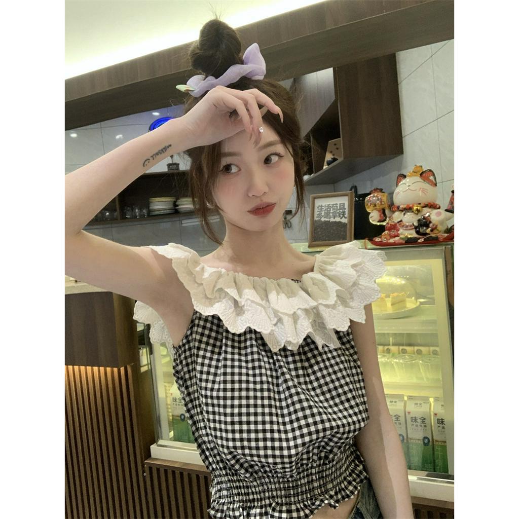 Áo Kiểu Trễ Vai Phối Ren Họa Tiết Sọc Caro Thời Trang Cho Nữ  tao bao