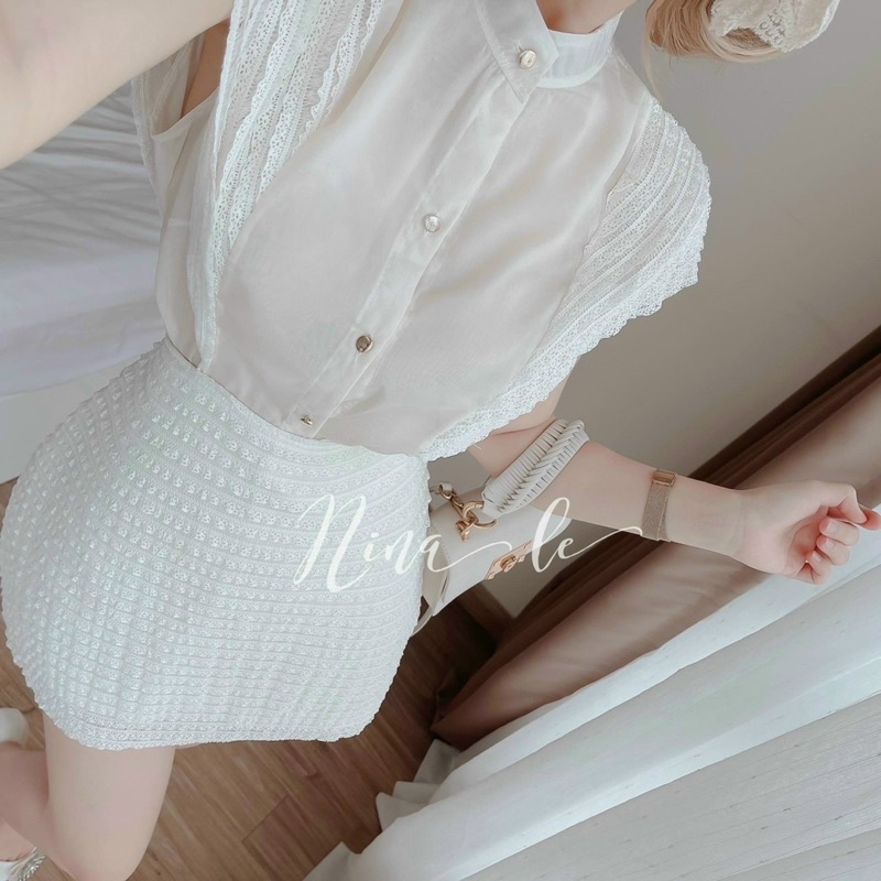 Set áo sơ mi sát nách phối chân váy ren sang chảnh - KÈM HÌNH THẬT - USA FASHION