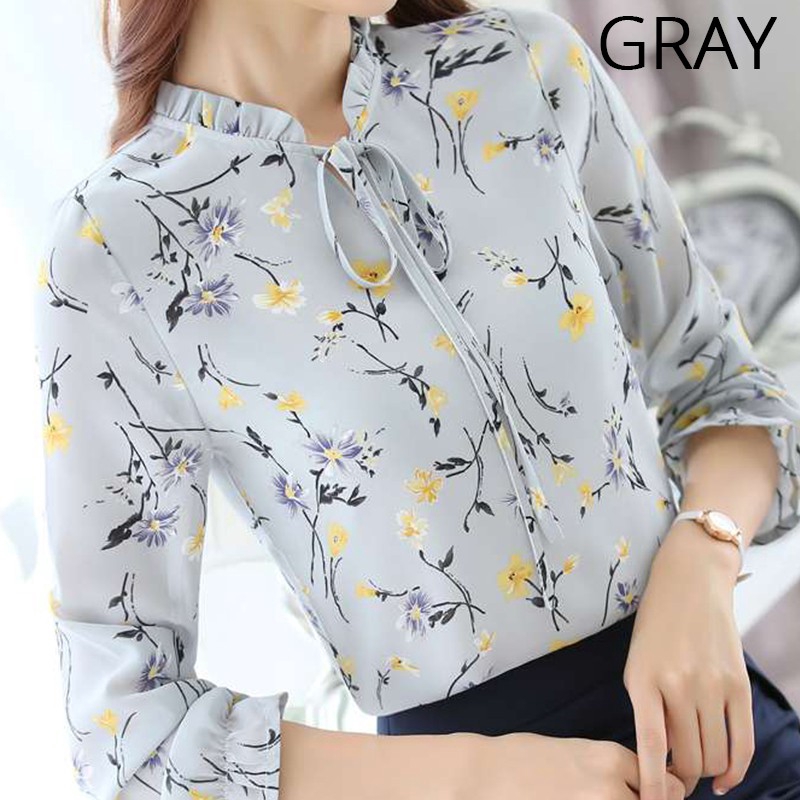 Áo chiffon tay dài họa tiết hoa thanh lịch cho nữ