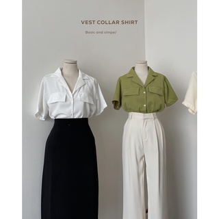Áo sơ mi cổ vest cộc tay nắp túi