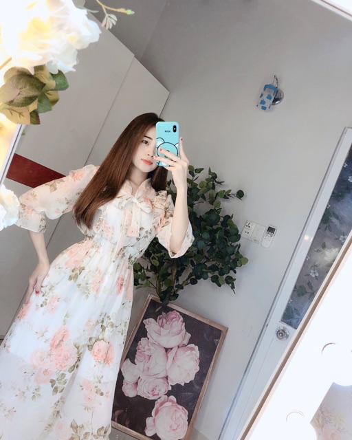 Đầm hoa nhí cột nơ tiểu thư  -video+hình thật