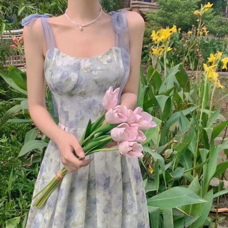 Đầm Dây Phong Cách Hàn Quốc 178545 Đầm Chữ a Dáng Dài Họa Tiết Hoa Xinh Xắn Thời Trang