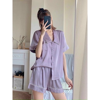 Bộ pijama cộc đùi lụa trơn viền xinh