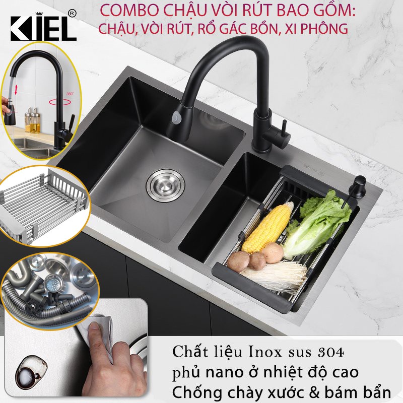 Chậu rửa bát chén 2 hố inox 304 82x45, 78x43 dày 3.5li TAM HIỆP STORE, Bảo hành 2 năm