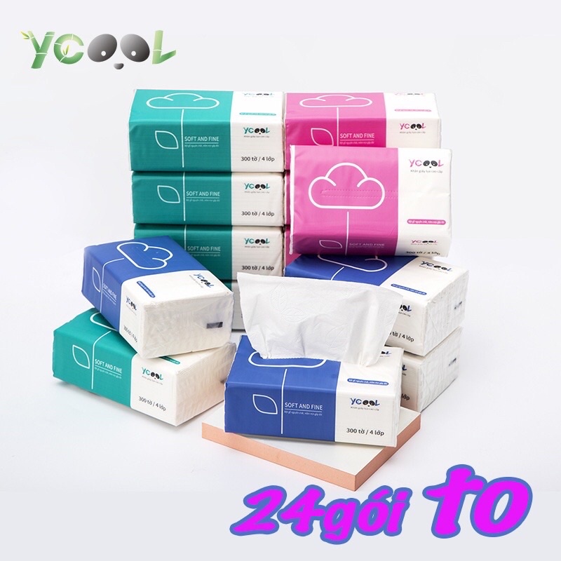 Giấy ăn lụa YCOOL khăn giấy rút đa năng trắng tự nhiên 300 tờ 4 lớp 24 gói