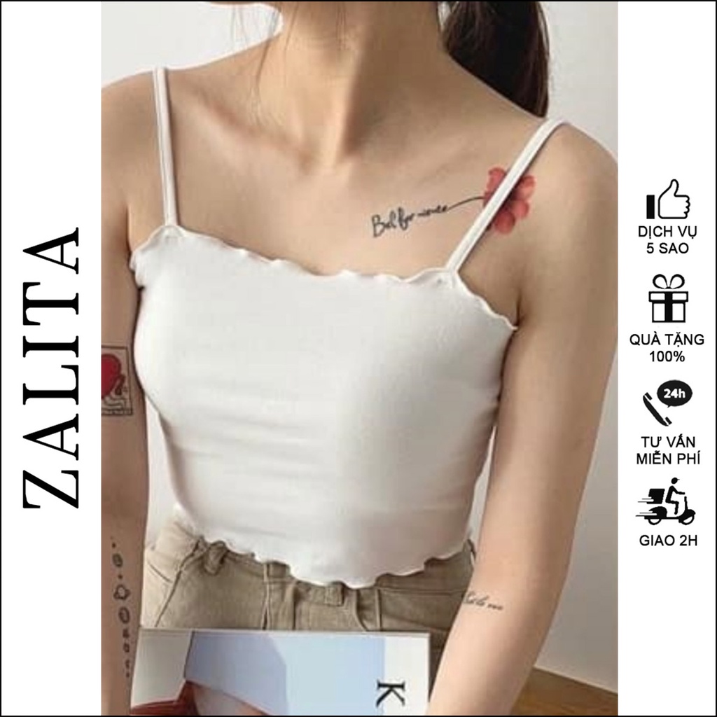 Áo Croptop Nữ Hai Dây Cuốn Biên Áo Thun Ôm Len Tăm Co Giãn ZALITA A037