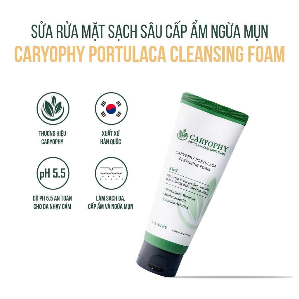 Sữa rửa mặt cho da dầu mụn da khô hàn quốc Caryophy portulaca cleansing foam 30ml