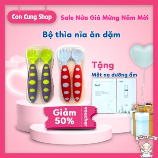 Thìa nĩa ăn dặm, thìa dĩa cho bé tập ăn, bộ thìa ăn dặm hai màu cho bé