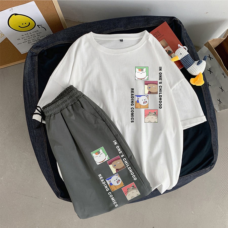 Bộ thể thao nam nữ Unisex ⚡ 𝐅𝐫𝐞𝐞𝐬𝐡𝐢𝐩 ⚡Set thể thao gồm Áo thun nữ tay lỡ và Quần short kaki hình in gấu dễ thương