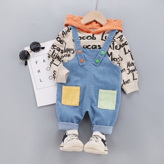 Bộ áo có mũ trùm dài tay họa tiết chữ Graffiti + quần denim Hàn Quốc hai món thời trang cho bé trai và bé gái