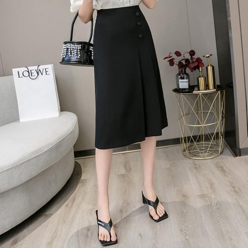 Chân váy xếp ly dài công sở phối 3 cúc - chất vải tuyết mưa dày dặn - Màu Đen - Kem - Trắng | BigBuy360 - bigbuy360.vn