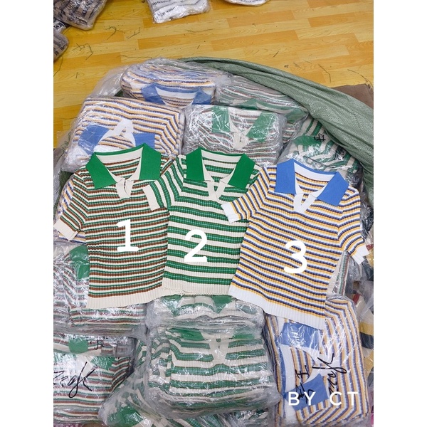 ÁO LEN TĂM XANH KẺ CỔ ĐỨC TAY CỘC DÁNG ÔM CO GIÃN MS11662