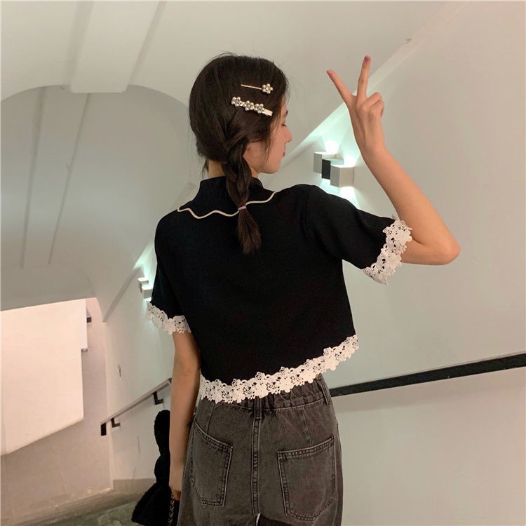 Áo tay ngắn màu đen phối ren thời trang mùa hè dành cho nữ | BigBuy360 - bigbuy360.vn