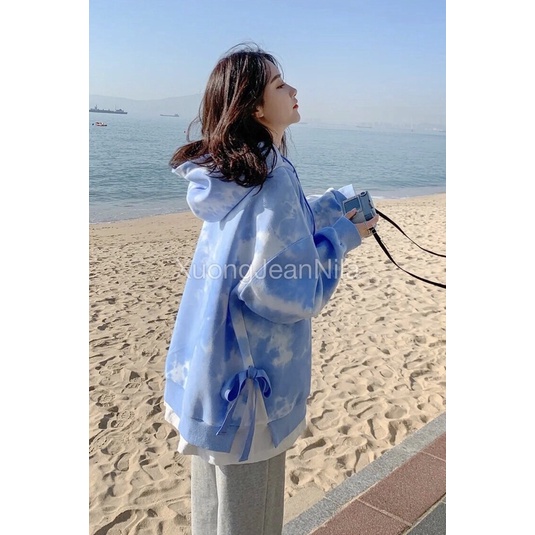 Áo hoodie nữ loang và trơn cột nơ bên cạnh dáng oversize