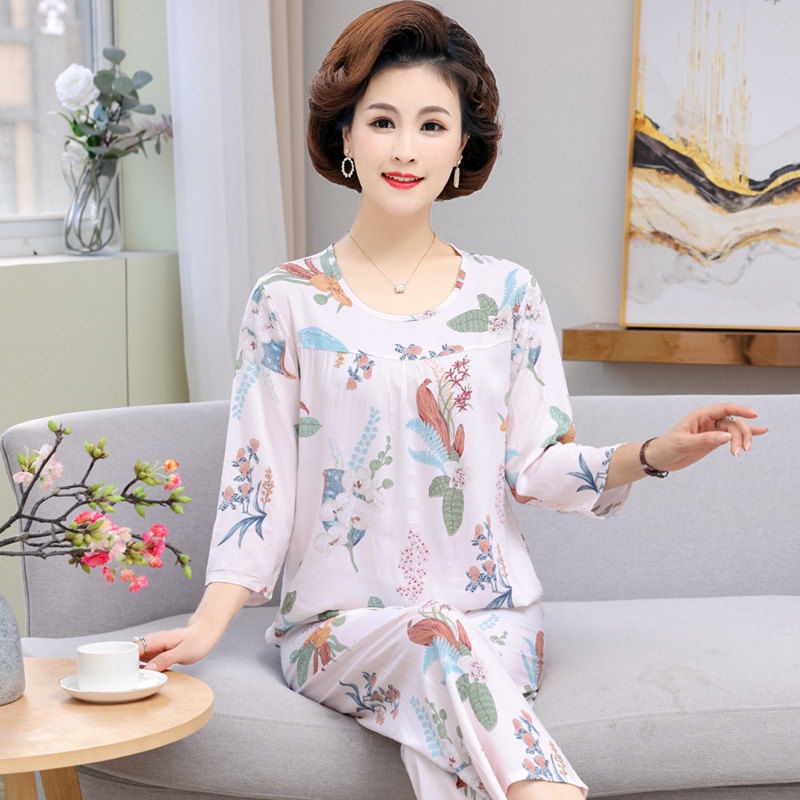 Đồ ngủ trung niên và già của phụ nữ cao tuổi cotton lụa dài tay dịch vụ tại nhà rayon hai mảnh phù hợp với mỏng | BigBuy360 - bigbuy360.vn