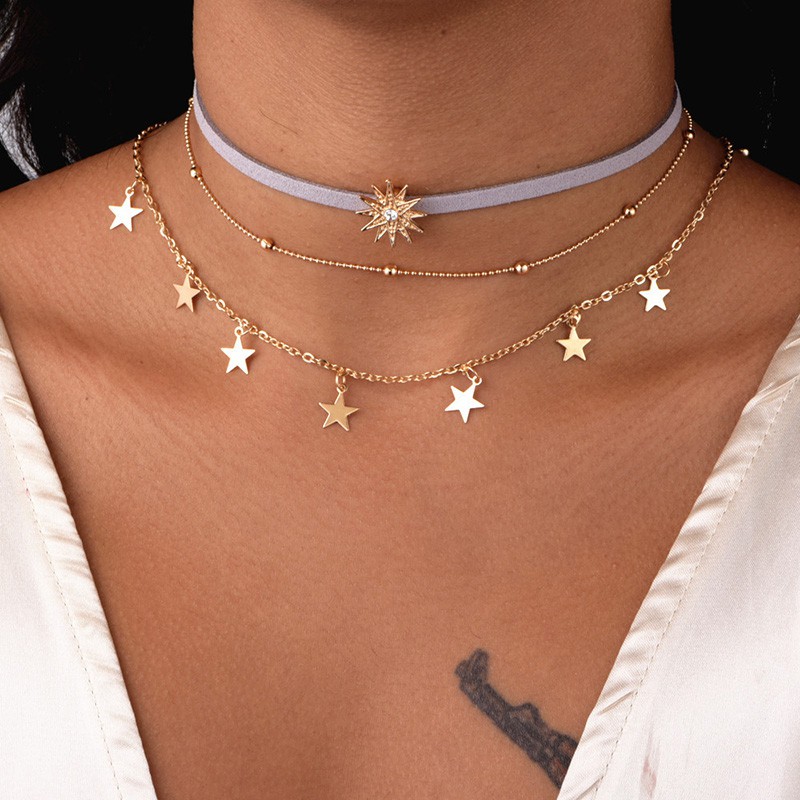 Vòng cổ choker 3 tầng mặt hình ngôi sao và mặt trời độc đáo