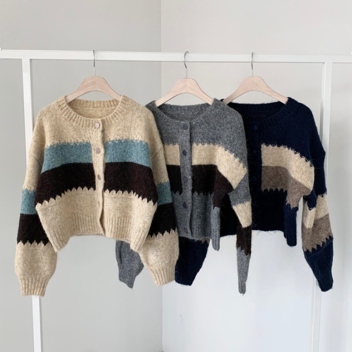 Áo Khoác Cardigan Dệt Kim Tay Dài Họa Tiết Kẻ Sọc Phong Cách Retro Hàn Quốc Thời Trang Thu Đông Cho Nữ