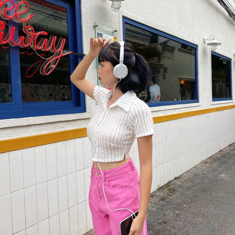 Áo croptop nữ sơ mi tay ngắn TOPTIFY kiểu vải thun họa tiết Ceylon Top AC42