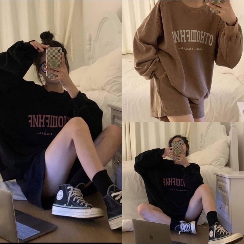 Set Short Áo Nỉ Chữ Nữ [FREESHIP] 🌸 Bộ đồ quần sooc ống rộng kèm sweater dài tay cá tính Ulzzang 🌸