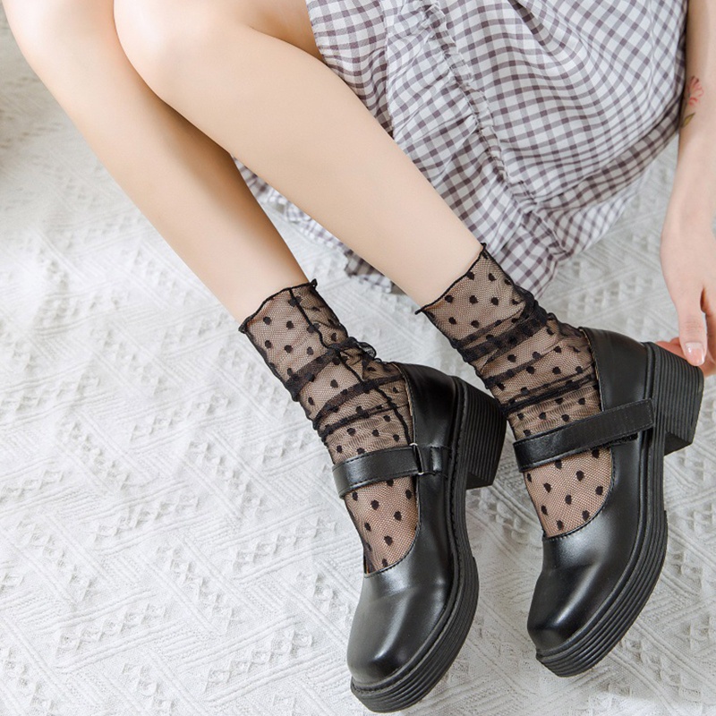 Vớ Ren Siêu Mỏng Xuyên Thấu Họa Tiết Chấm Bi Phong Cách Nhật Bản Lolita