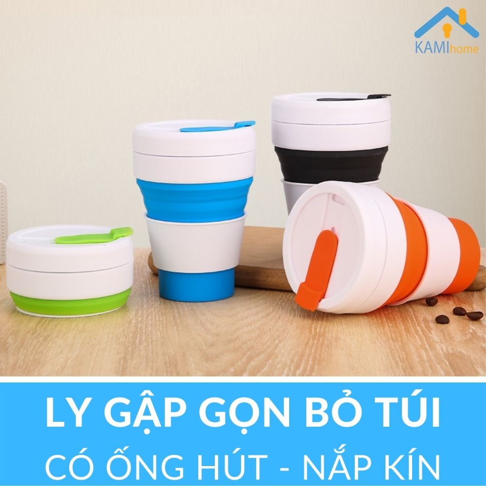 Ly uống nước gấp gọn có ống hút và nắp chất liệu Silicon an toàn và chịu nhiệt nóng lạnh 350ml mã 22012