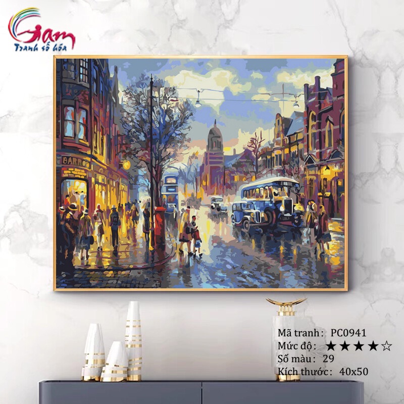 Tranh tô màu theo số sơn dầu số hóa Gam Tranh phong cảnh đường phố góc phố cổ Châu Âu PC0941