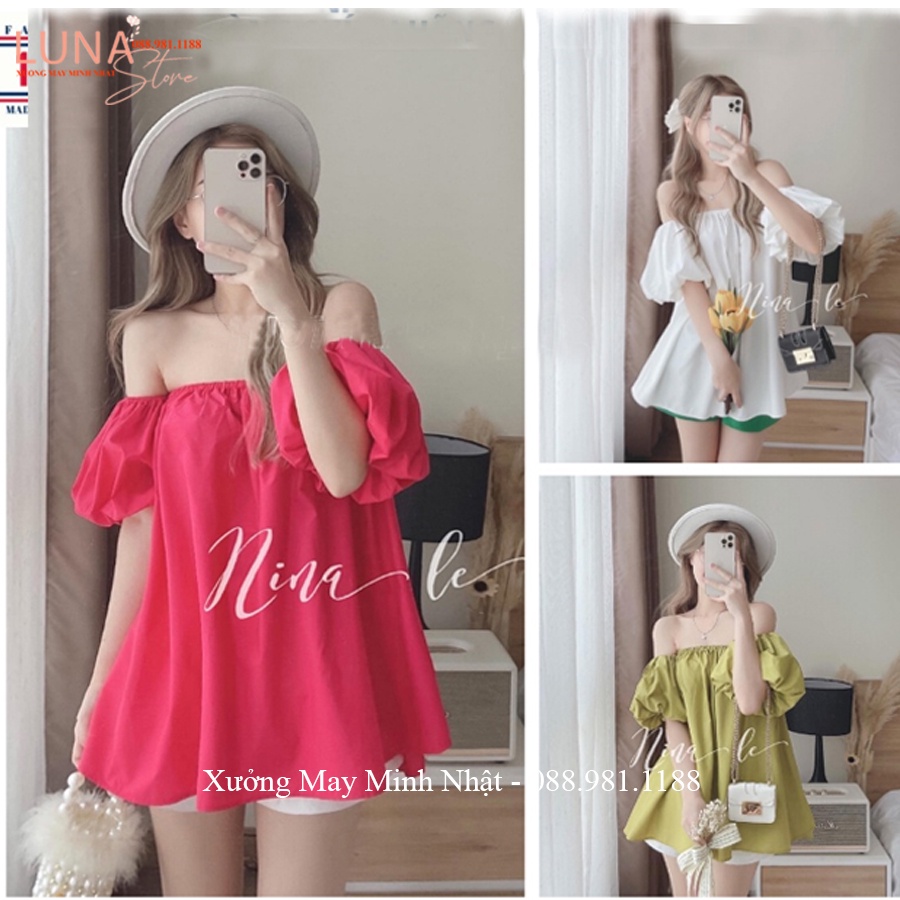 Áo trễ vai tay phồng rộng dáng giấu quần chun ngực - Áo kiểu nữ bánh bèo tay bồng hẹn hò đi học chơi biển tiệc điệu mát