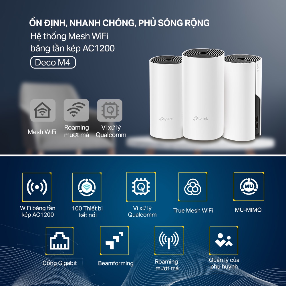 Hệ Thống Wifi Mesh TP-Link Deco M4 Chuẩn AC 1200Mbps Dành Cho Gia Đình