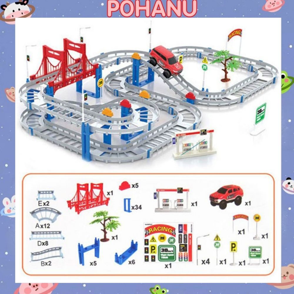 Ghép hình đường đua ô tô Pohanu bộ lắp ráp giao thông 88 chi tiết cho bé yêu OT88