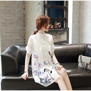 Siêu phẩm về lại <3 đầm suông sơ mi trắng in chim hạc siêu cute