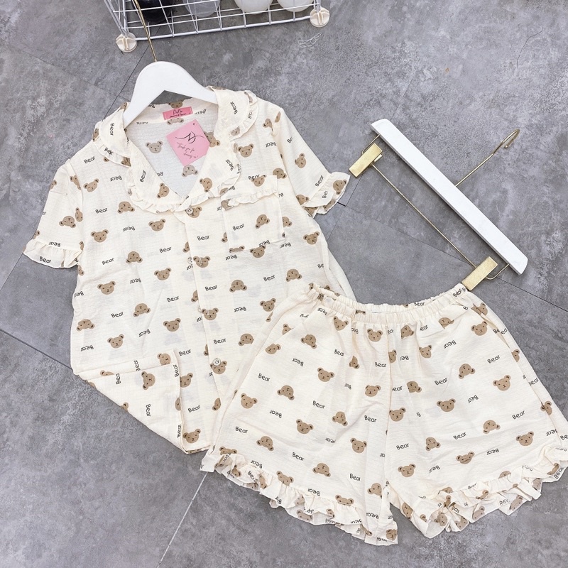 Bộ pijama đũi xốp tay cộc quần đùi viền bèo mặc nhà nữ, Đồ ngủ nữ xinh hoạ tiết siêu mát mùa hè