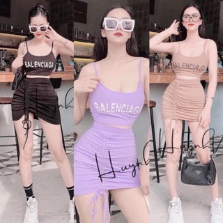 Set áo thun croptop chữ 2 dây + chân váy rút dây