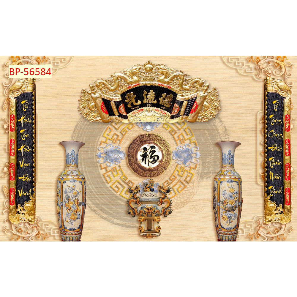 Tranh Dán tường 3d Phòng thờ, bàn thờ hình phật tổ, bình phong, núi non