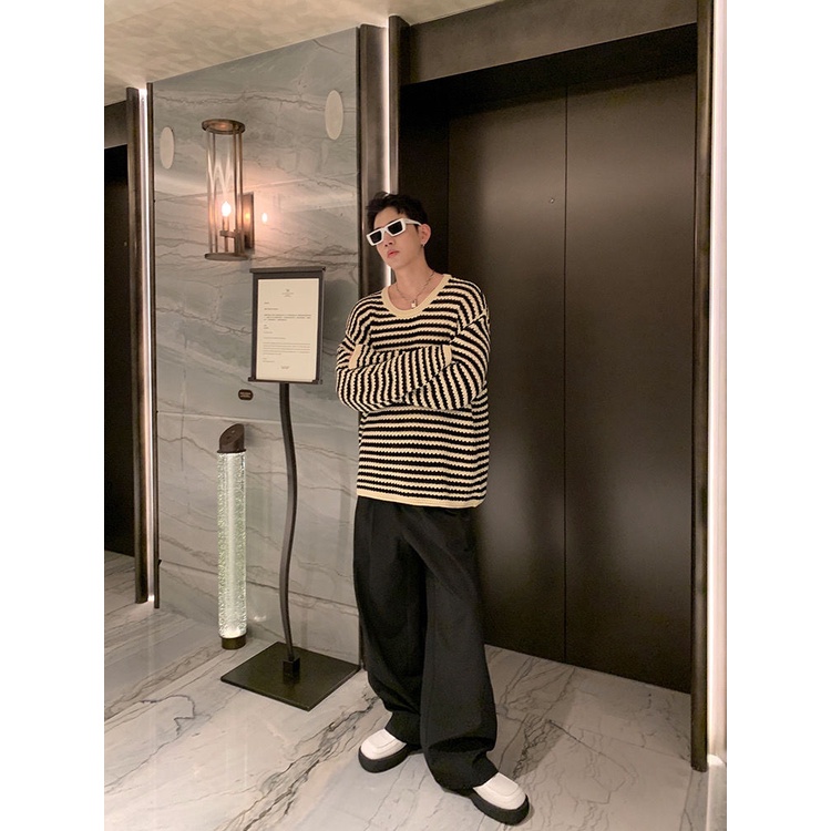Áo Sweater Dệt Kim Cổ Tròn Họa Tiết Kẻ Sọc Màu Sắc Tương Phản Thời Trang Mùa Thu 2022 Cho Nam