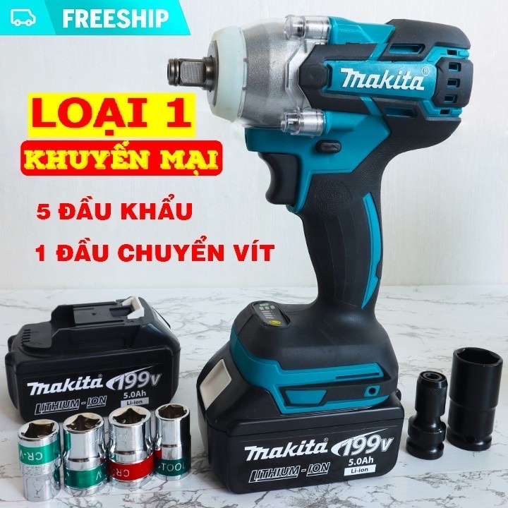 Máy Siết Bulong Makita 199V kèm bộ khẩu và đầu chuyển khoan không chổi than