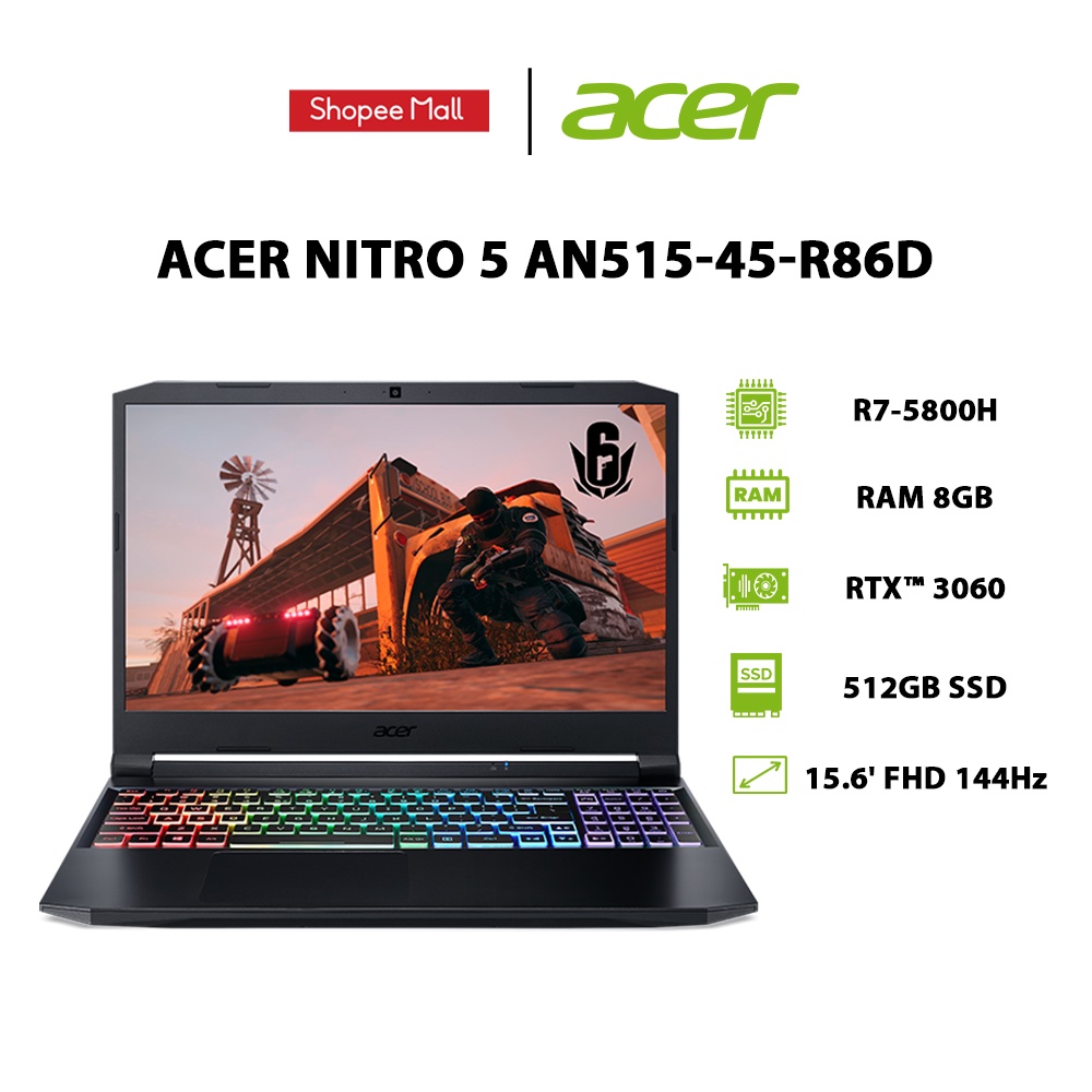 [ELBAU7 giảm 7%] Laptop Acer Nitro 5 AN515-45-R86D R7-5800H | 8GB | 512GB |15.6' FHD 144Hz | Win 11