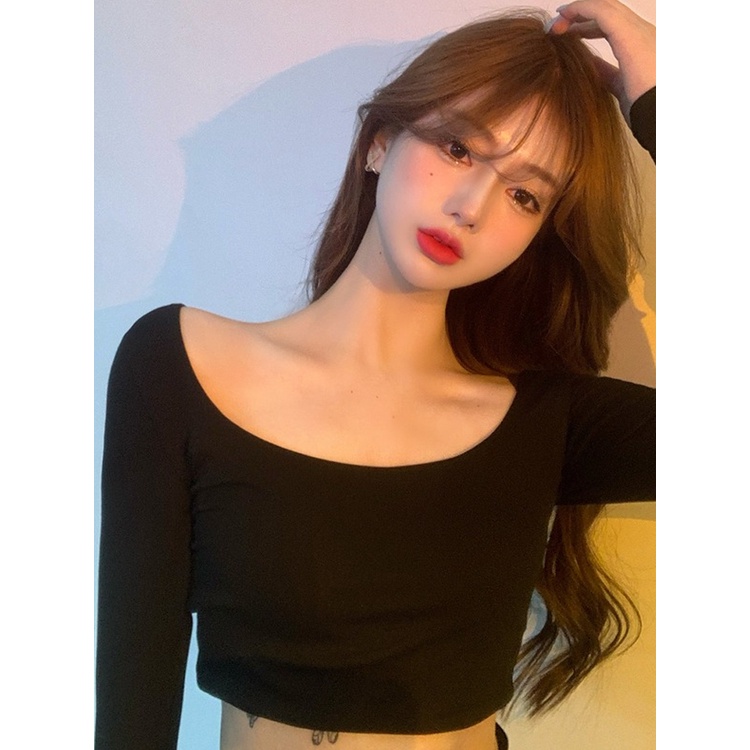 Áo croptop thun nữ Sexy Cổ chữ U Hàn Quốc Dài tay Áo thun nữ croptop Tay dày Thời trang