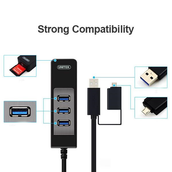 [Mã 267ELSALE hoàn 7% đơn 300K] HUB 3 cổng USB 3.0 kèm chức năng OTG cổng microUSB và khe đọc thẻ nhớ SD Unitek Y-3048A