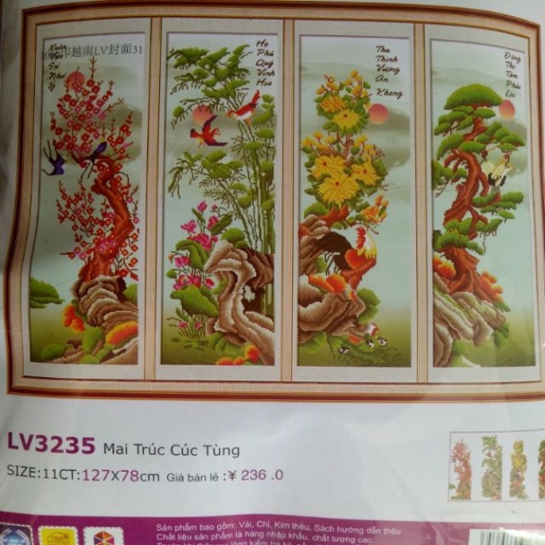 Tranh thêu chữ thập Tứ Quý Tùng Cúc Trúc Mai LV3235 kt127x78cm chưa thêu