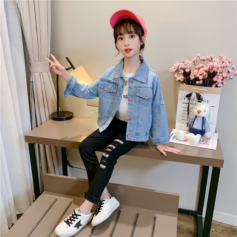 【Tại Chỗ】Áo khoác Denim cho bé gái Xuân Thu2020Mùa Thu Mới Quần Áo Trẻ Em Phong Cách Trẻ Em Áo Thời Trang Trẻ Em, Phụ Nữ Hàn Quốc