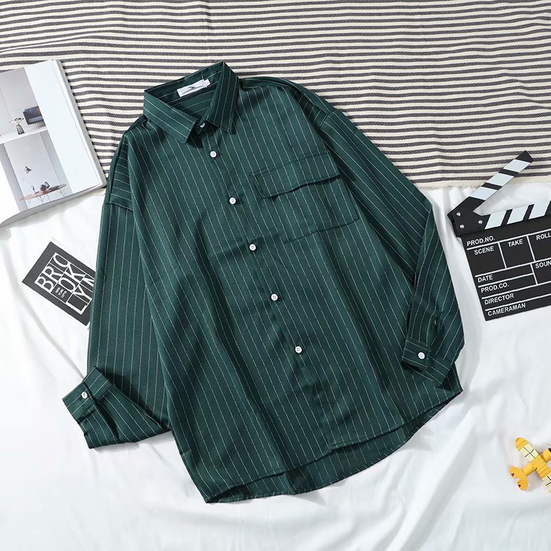 Áo Sơ Mi Tay Dài Họa Tiết Kẻ Sọc Dáng Rộng Phong Cách Hàn Quốc Cho Nam