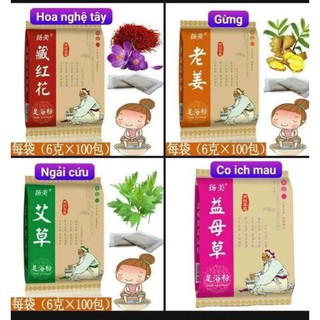 Gói thuốc Ngâm chân thảo dược, gồm có 5 vị: Ngải cứu, Gừng già, Cỏ ích mẫu, Đương quy, Hoa Nghệ Tây