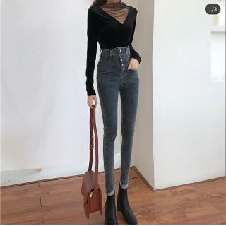 ( sẵn đen s) Quần bò cạp cao nhiều hàng cúc