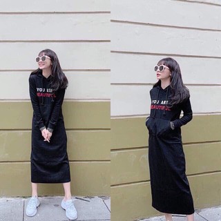 Váy hoodie dáng dài chất len tăm - shop loannin