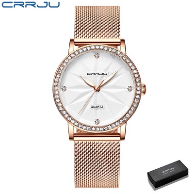 Đồng Hồ Quartz CRRJU 2171 Đính Đá Dây Thép Không Gỉ Chống Nước Thời Trang Cho Nữ
