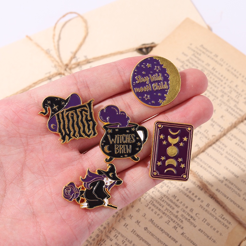 Trâm cài áo QIHE JEWELRY họa tiết phù thủy hoạt hình chủ đề Halloween 5 kiểu độc đáo